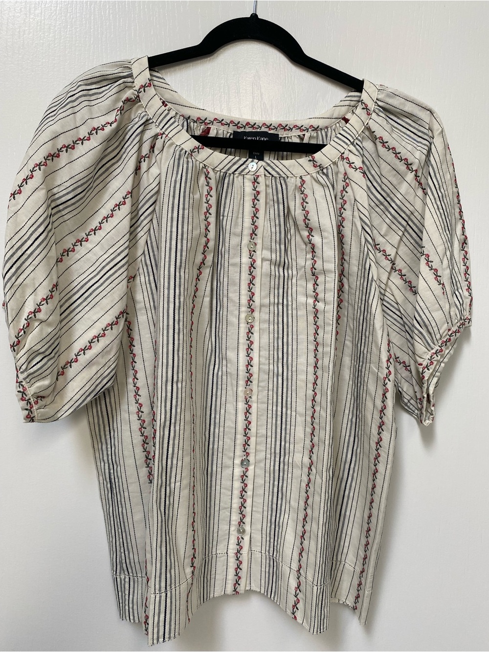 Karen Kane Ivory Striped Button-Front Top with Pink/green floral patte, Size L.
